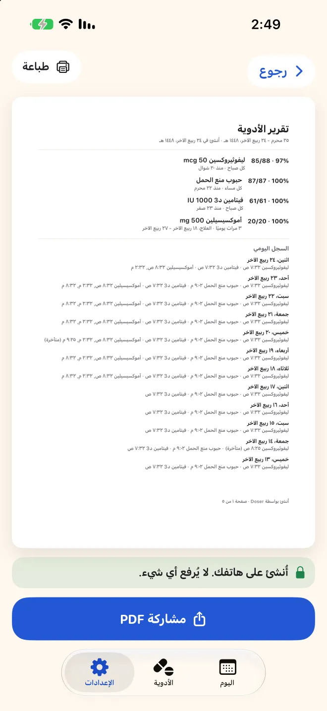 تقرير الطبيب في Doser، ملف PDF بكل جرعة في الفترة المختارة