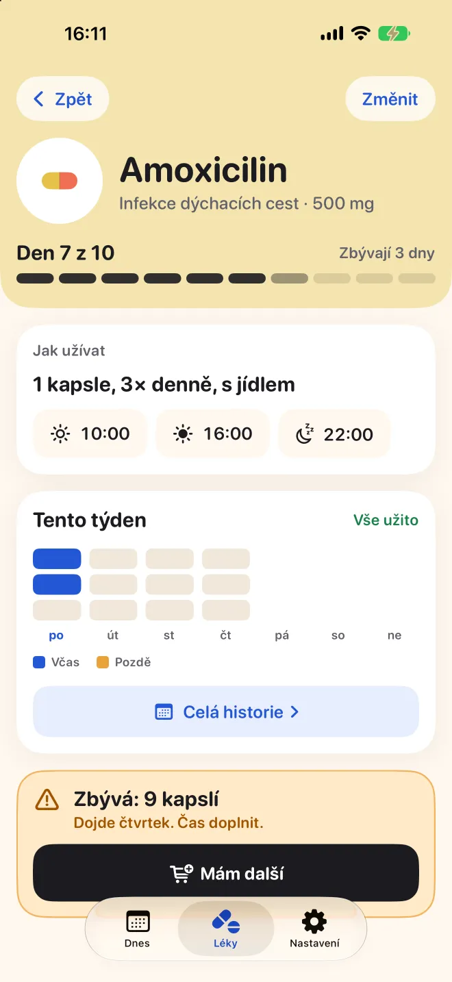Stránka léku v Doseru se dnem 7 z 10 a dávkami za tento týden