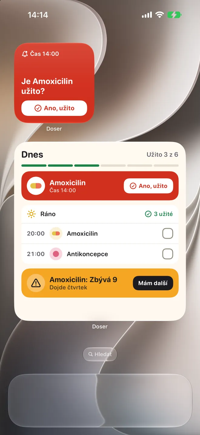 Widgety Doseru na ploše iPhonu se zpožděnou dávkou a dnešním seznamem