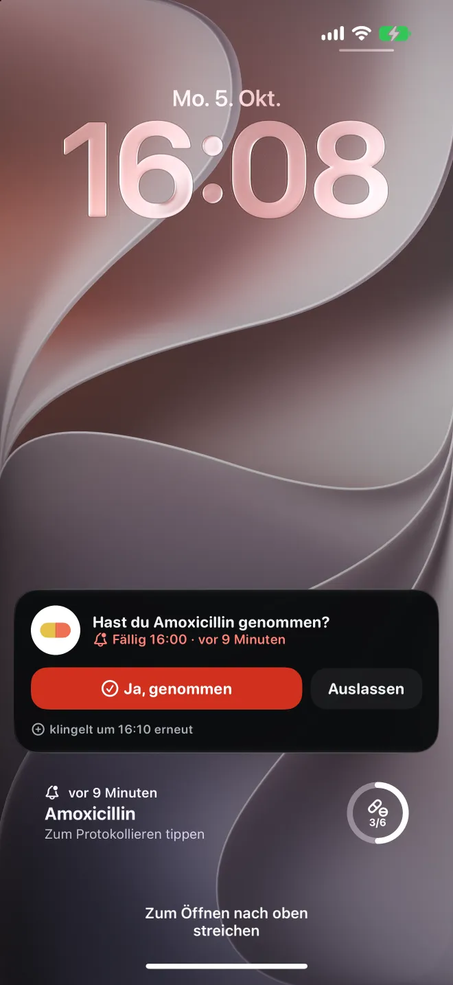 Eine verspätete Dosis auf dem Sperrbildschirm des iPhone, mit einer Taste zum Eintragen