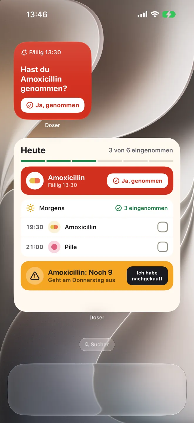 Doser-Widgets auf dem Home-Bildschirm des iPhone mit einer verspäteten Dosis und der heutigen Liste