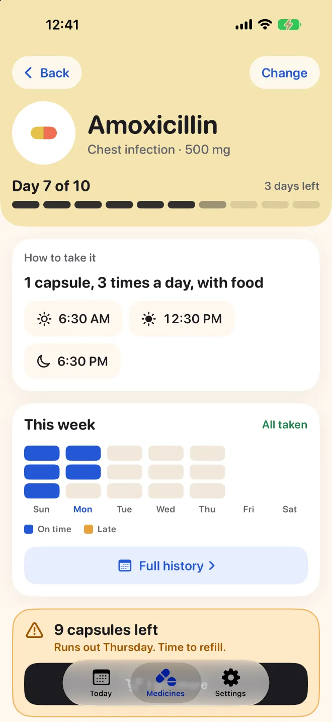 A medicine's page in Doser, showing day 7 of 10 and this week's doses