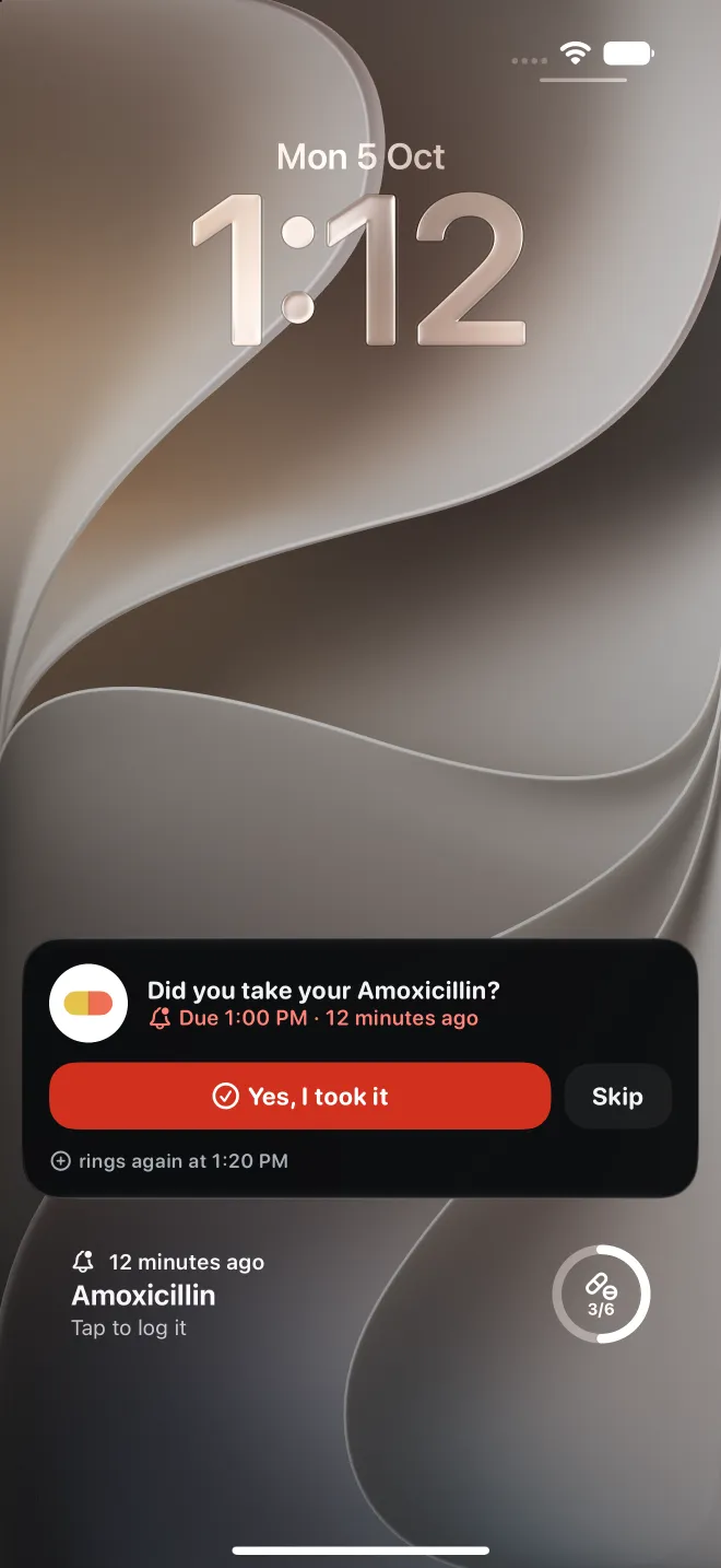 A late dose on the iPhone Lock Screen, with a button to log it