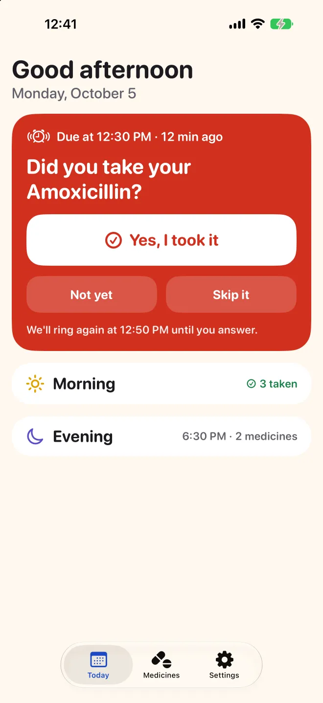 Doser's Today screen asking whether the afternoon dose was taken, with the morning doses already done