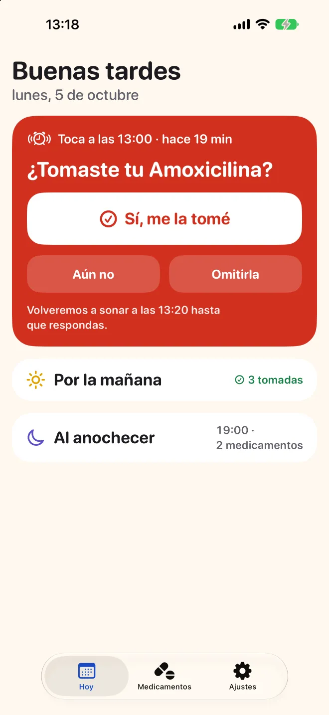 La pantalla Hoy de Doser pregunta si tomaste la dosis de la tarde, con las de la mañana ya hechas
