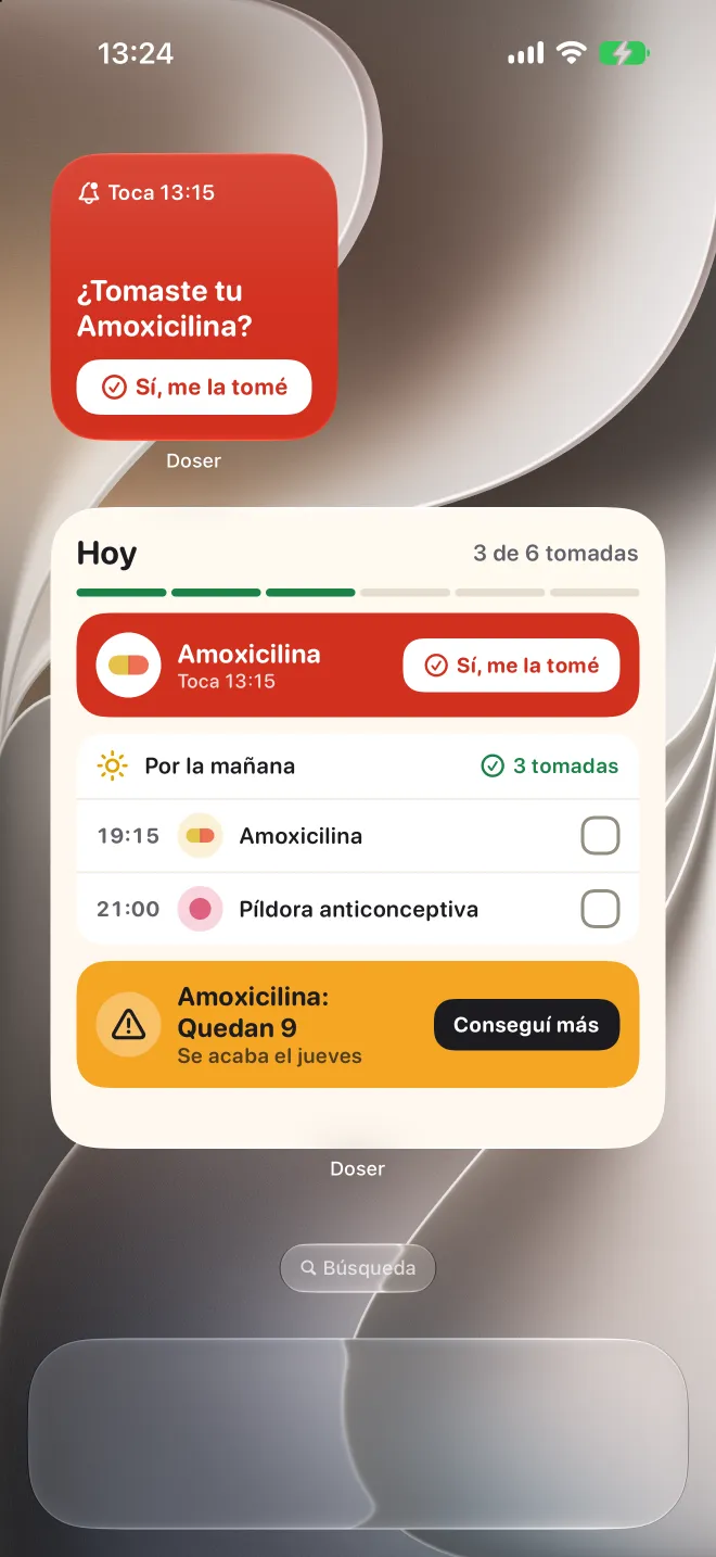 Widgets de Doser en la pantalla de inicio del iPhone con una dosis atrasada y la lista de hoy