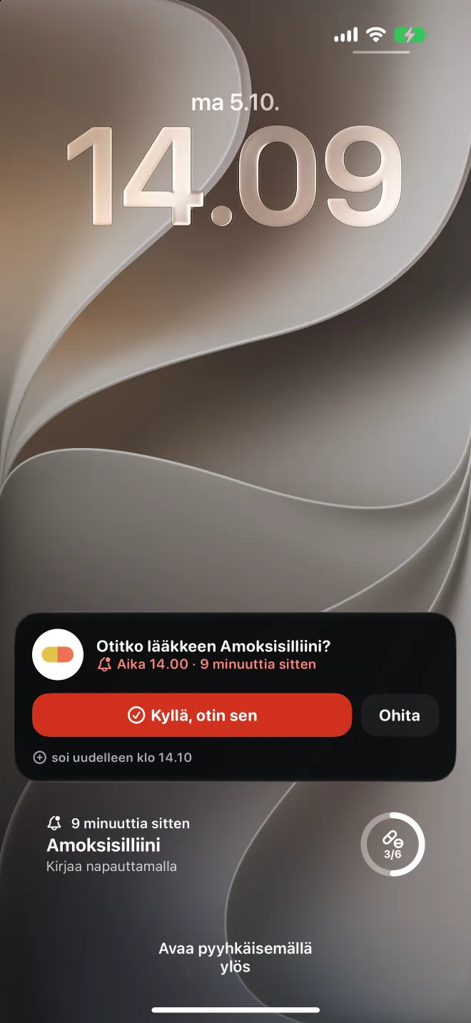 Myöhässä oleva annos iPhonen lukitulla näytöllä ja painike sen kirjaamiseen