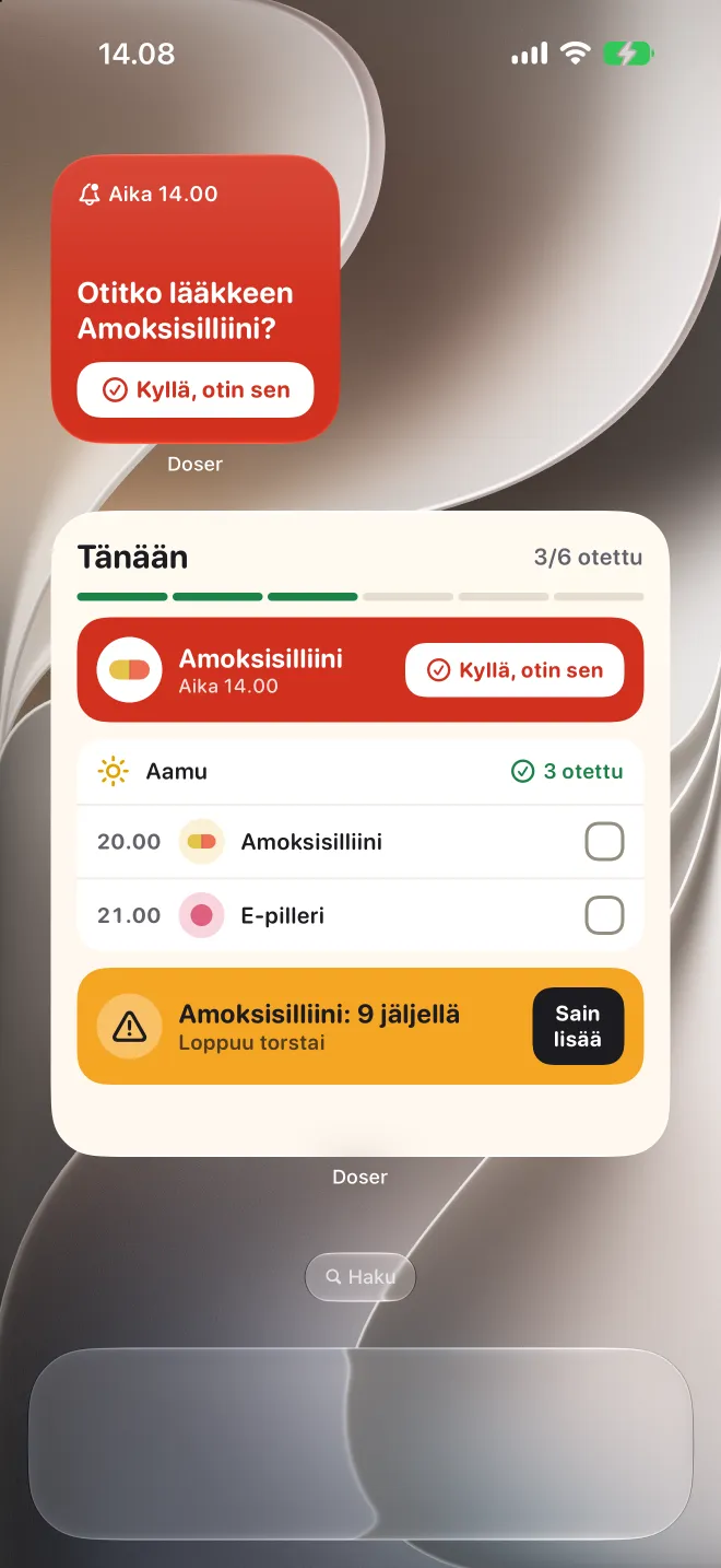 Doserin widgetit iPhonen kotinäytöllä, myöhässä oleva annos ja päivän lista
