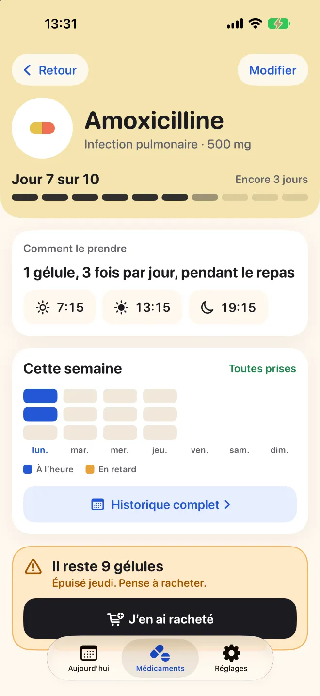 La fiche d’un médicament dans Doser, avec le nombre de gélules restantes et l’alerte pour en racheter