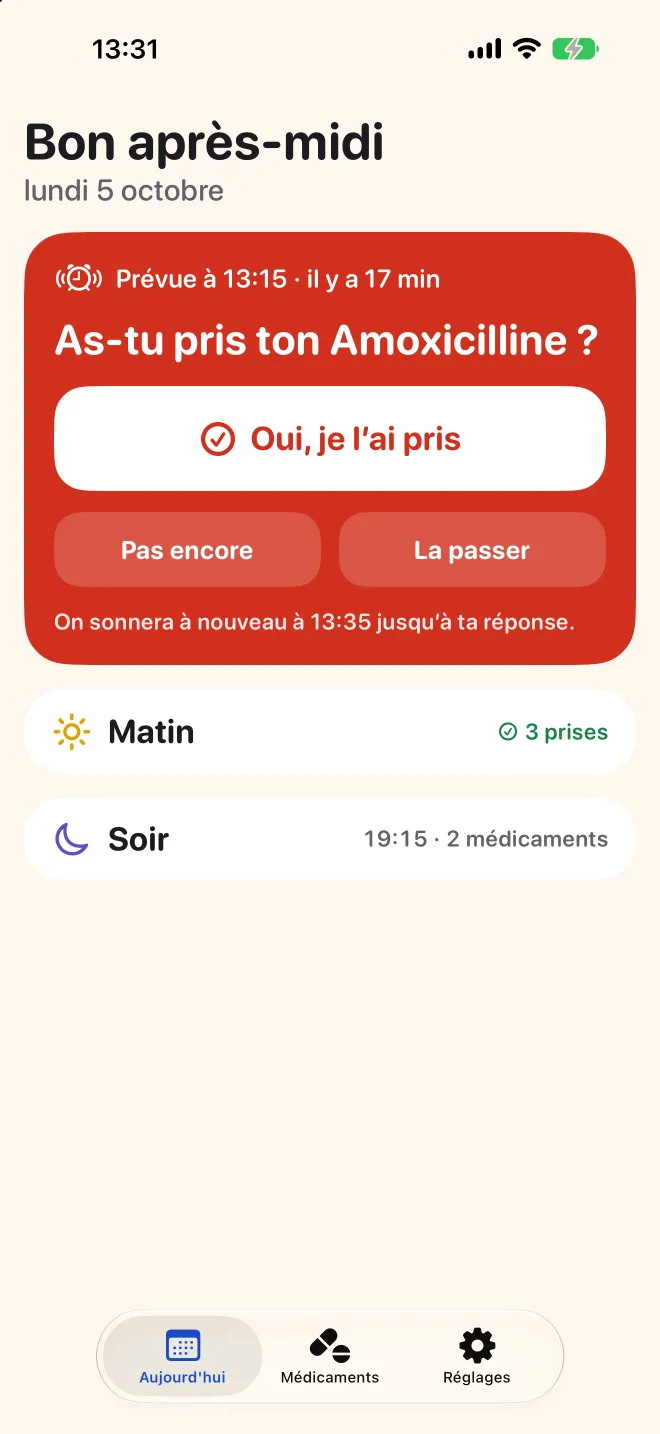 L’écran Aujourd’hui de Doser demande si la prise de l’après-midi a été faite, celles du matin étant déjà notées