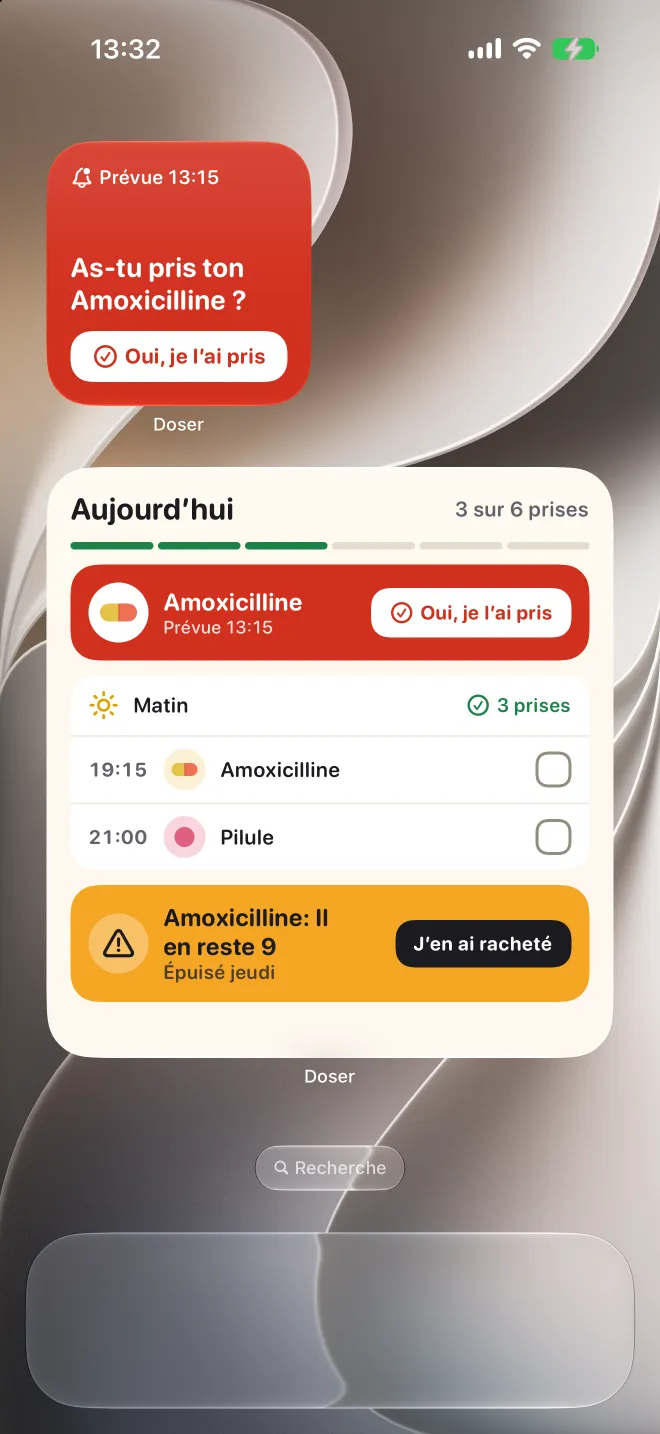 Widgets Doser sur l’écran d’accueil de l’iPhone, avec une prise en retard et la liste du jour