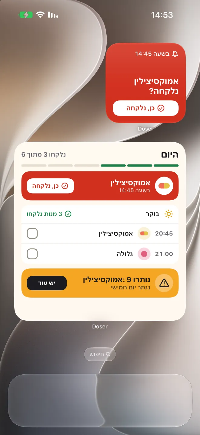 וידג׳טים של Doser במסך הבית של iPhone, עם מנה באיחור ורשימת היום