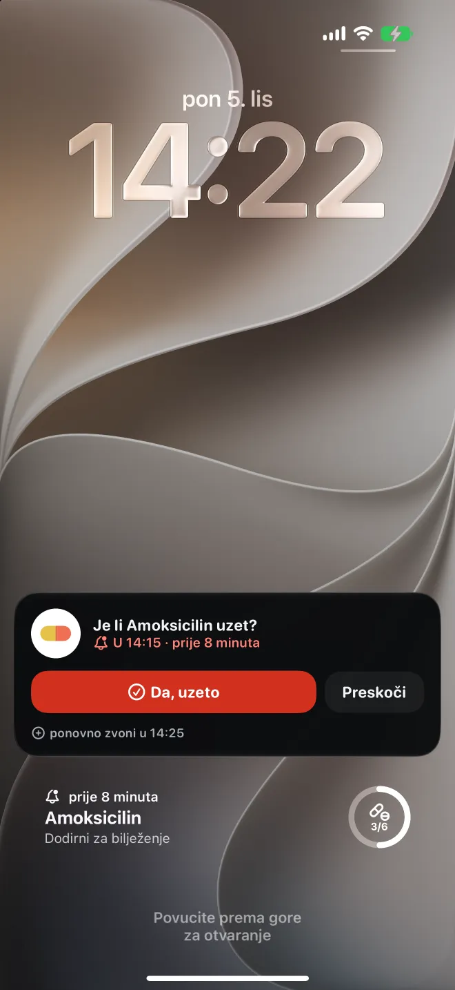 Zakašnjela doza na zaključanom zaslonu iPhonea, s tipkom za bilježenje