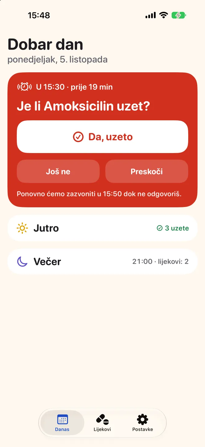 Zaslon Danas u Doseru pita je li poslijepodnevna doza uzeta, jutarnje doze su gotove