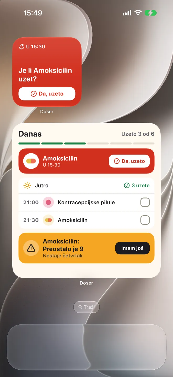 Doser widgeti na početnom zaslonu iPhonea sa zakašnjelom dozom i današnjim popisom