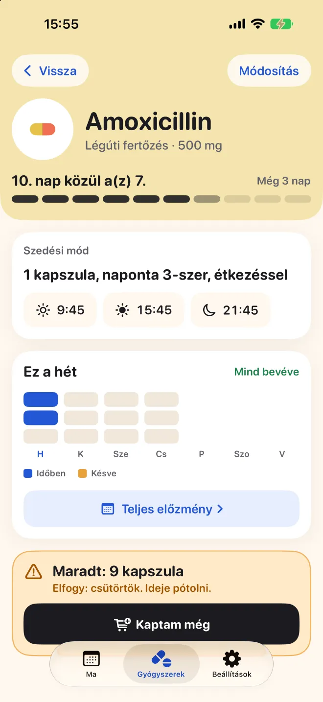 Egy gyógyszer oldala a Doserben, a 10-ből 7. nappal és a heti adagokkal