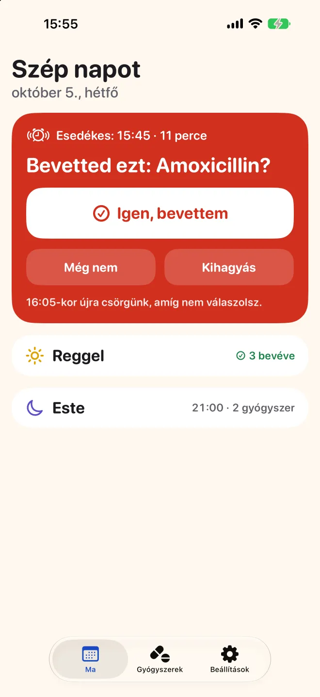 A Doser Ma képernyője azt kérdezi, bevetted-e a délutáni adagot, a reggeli adagok már kész vannak