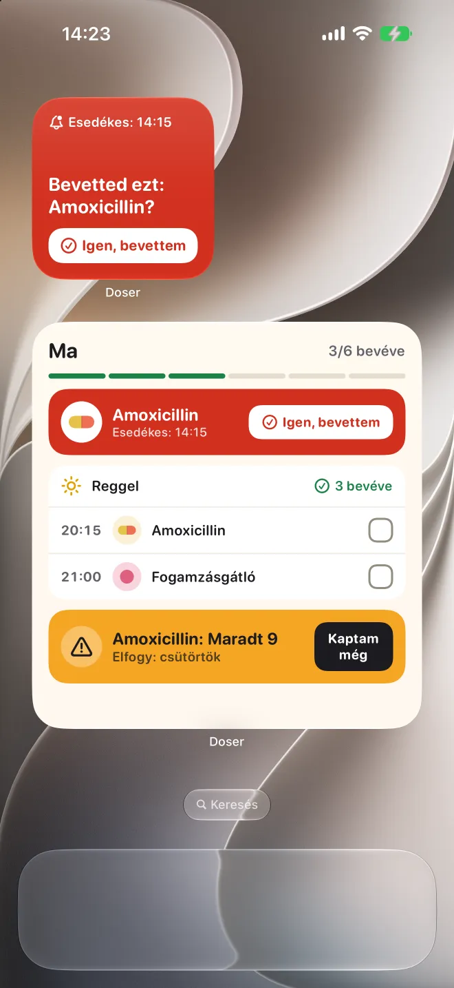 Doser widgetek az iPhone Főképernyőjén egy késésben lévő adaggal és a mai listával