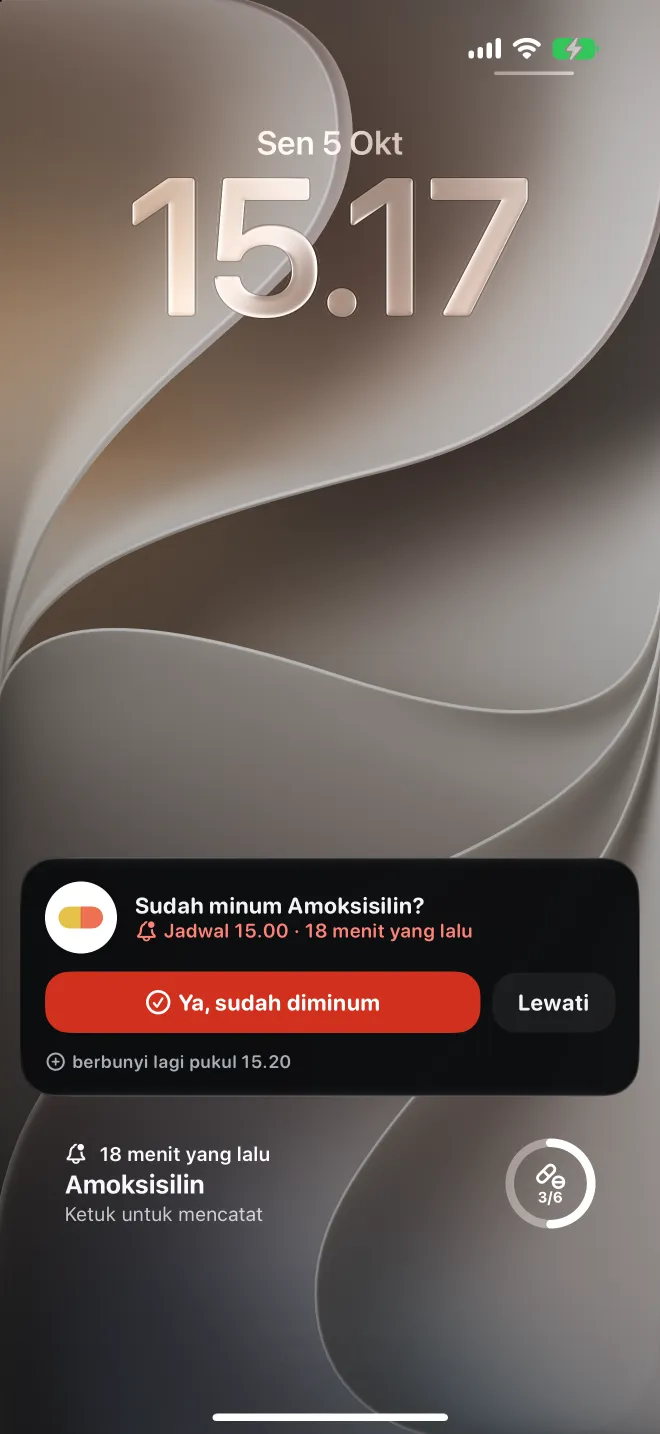 Dosis yang terlambat di Layar Terkunci iPhone, dengan tombol untuk mencatatnya
