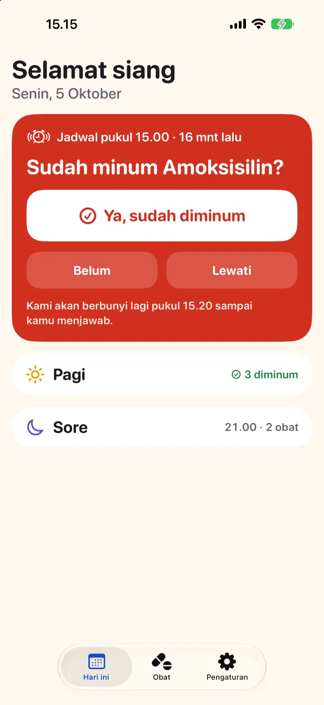 Layar Hari Ini di Doser menanyakan apakah dosis siang sudah diminum, dosis pagi sudah selesai