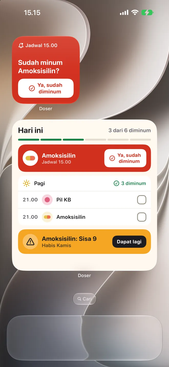 Widget Doser di Layar Utama iPhone, menampilkan dosis terlambat dan daftar hari ini