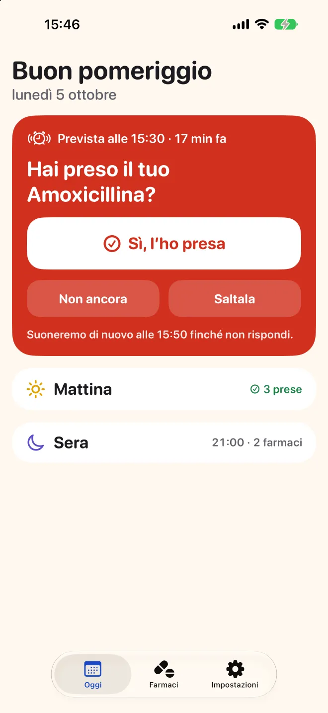 La schermata Oggi di Doser che chiede se la dose del pomeriggio è stata presa, con quelle del mattino già fatte