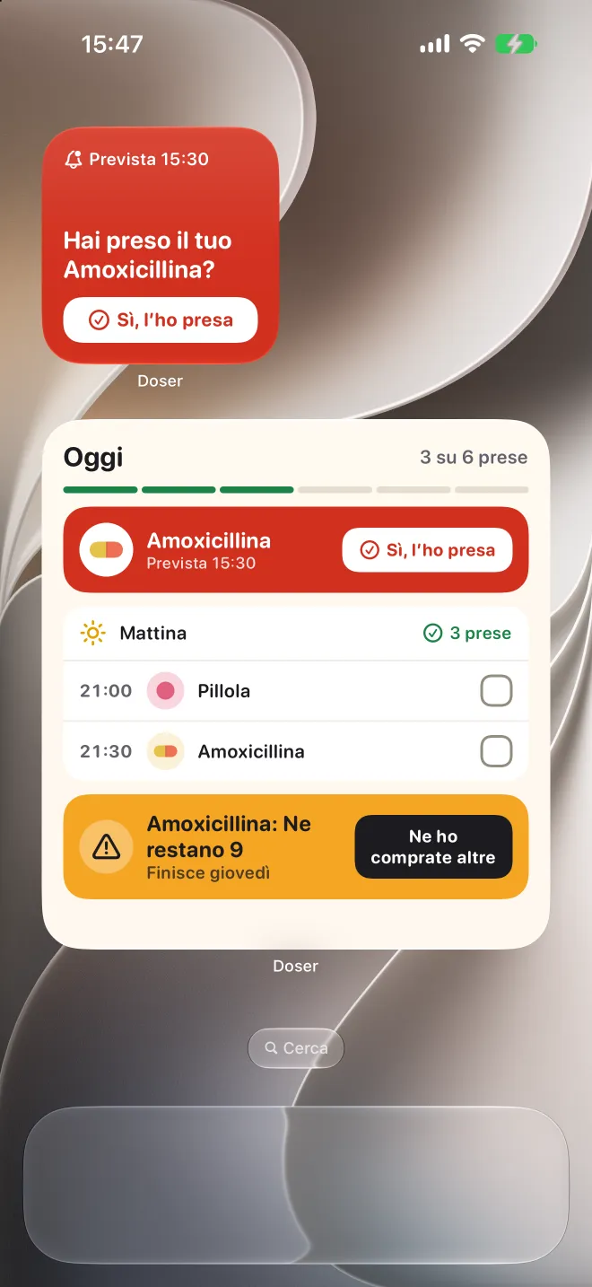 Widget di Doser nella schermata Home dell’iPhone con una dose in ritardo e l’elenco di oggi