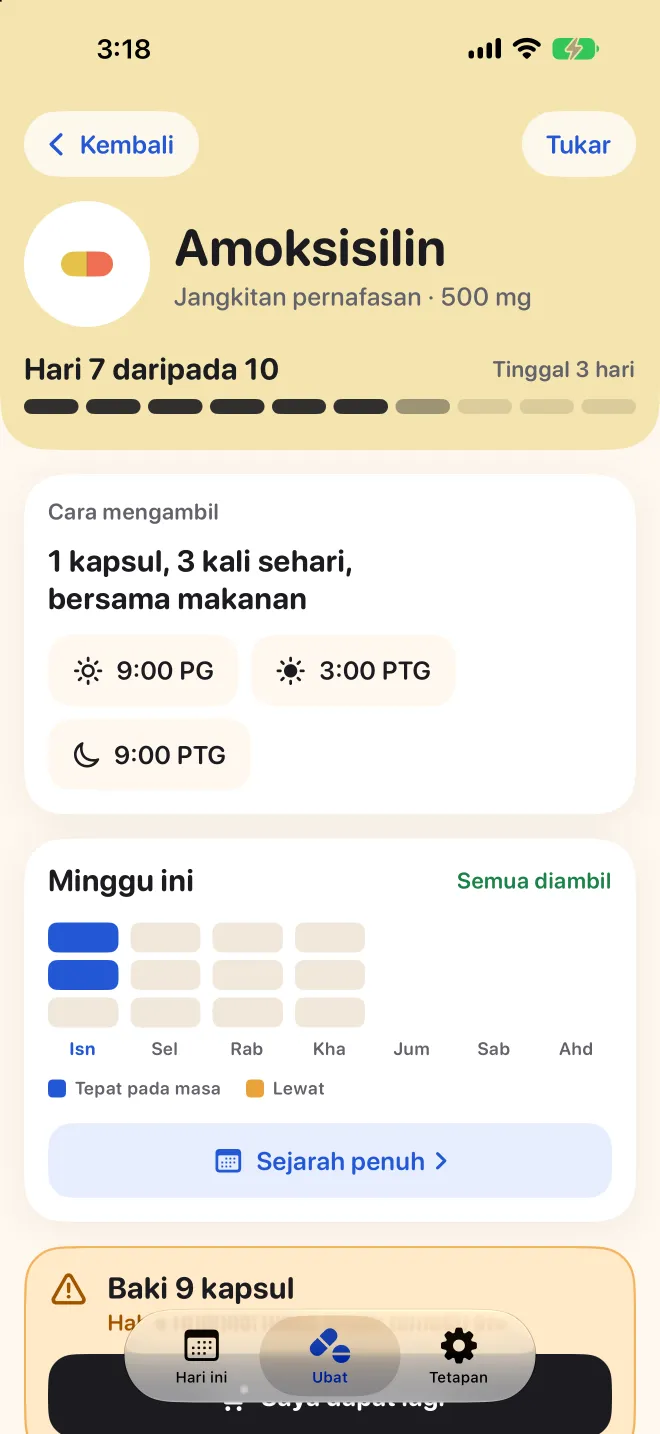 Halaman ubat dalam Doser, menunjukkan hari ke-7 daripada 10 dan dos minggu ini