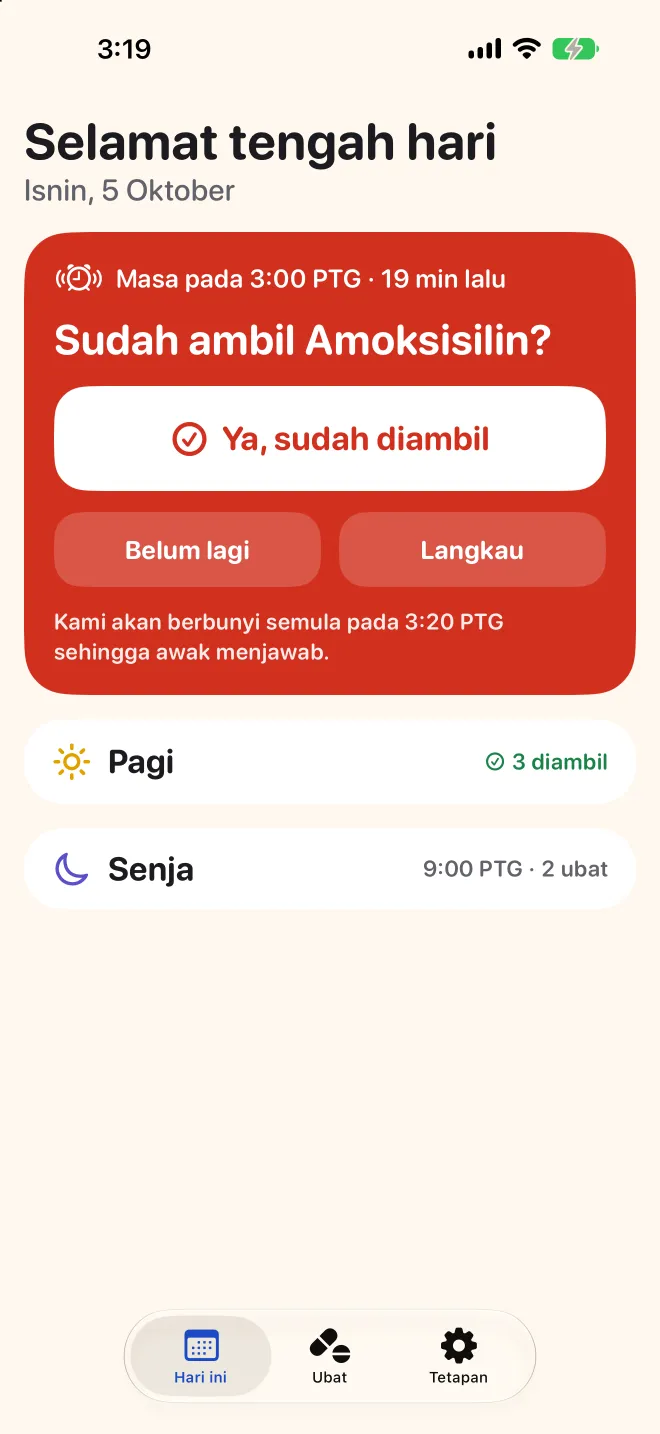 Skrin Hari Ini dalam Doser bertanya sama ada dos petang sudah diambil, dos pagi sudah selesai