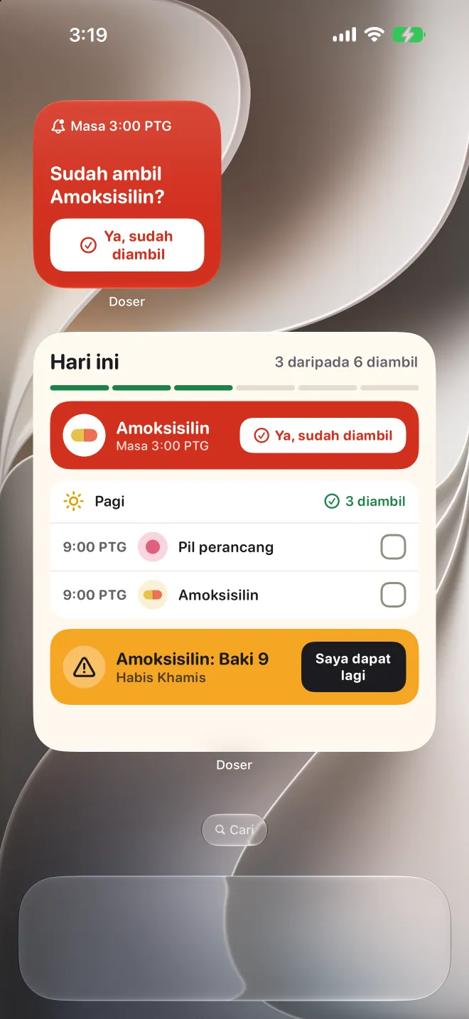Widget Doser pada Skrin Utama iPhone, menunjukkan dos yang lewat dan senarai hari ini