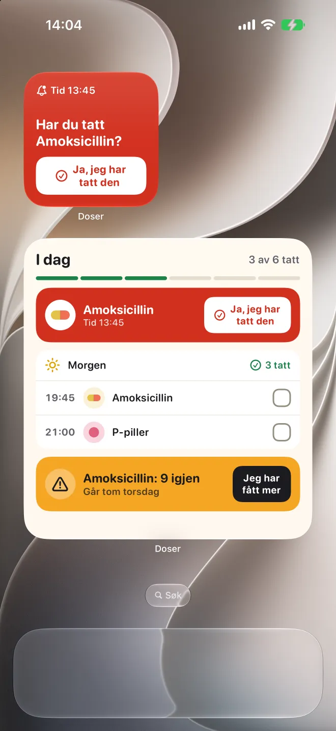 Doser-widgeter på Hjem-skjermen på iPhone med en sen dose og dagens liste