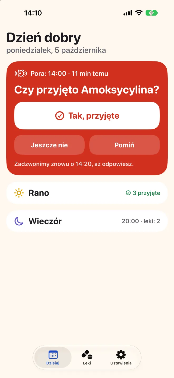 Ekran Dzisiaj w Doserze pyta, czy przyjęto popołudniową dawkę, a poranne są już zrobione
