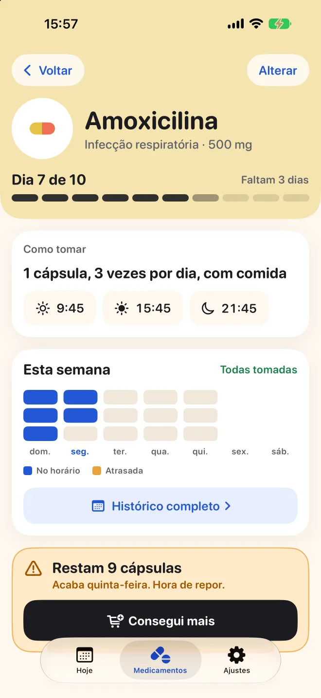 A página de um remédio no Doser, mostrando o dia 7 de 10 e as doses da semana