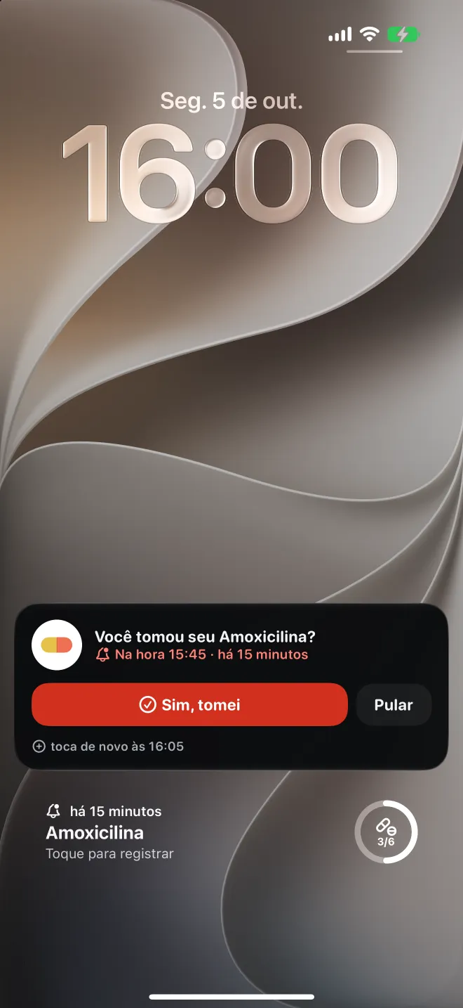 Uma dose atrasada na Tela Bloqueada do iPhone, com um botão para registrá-la