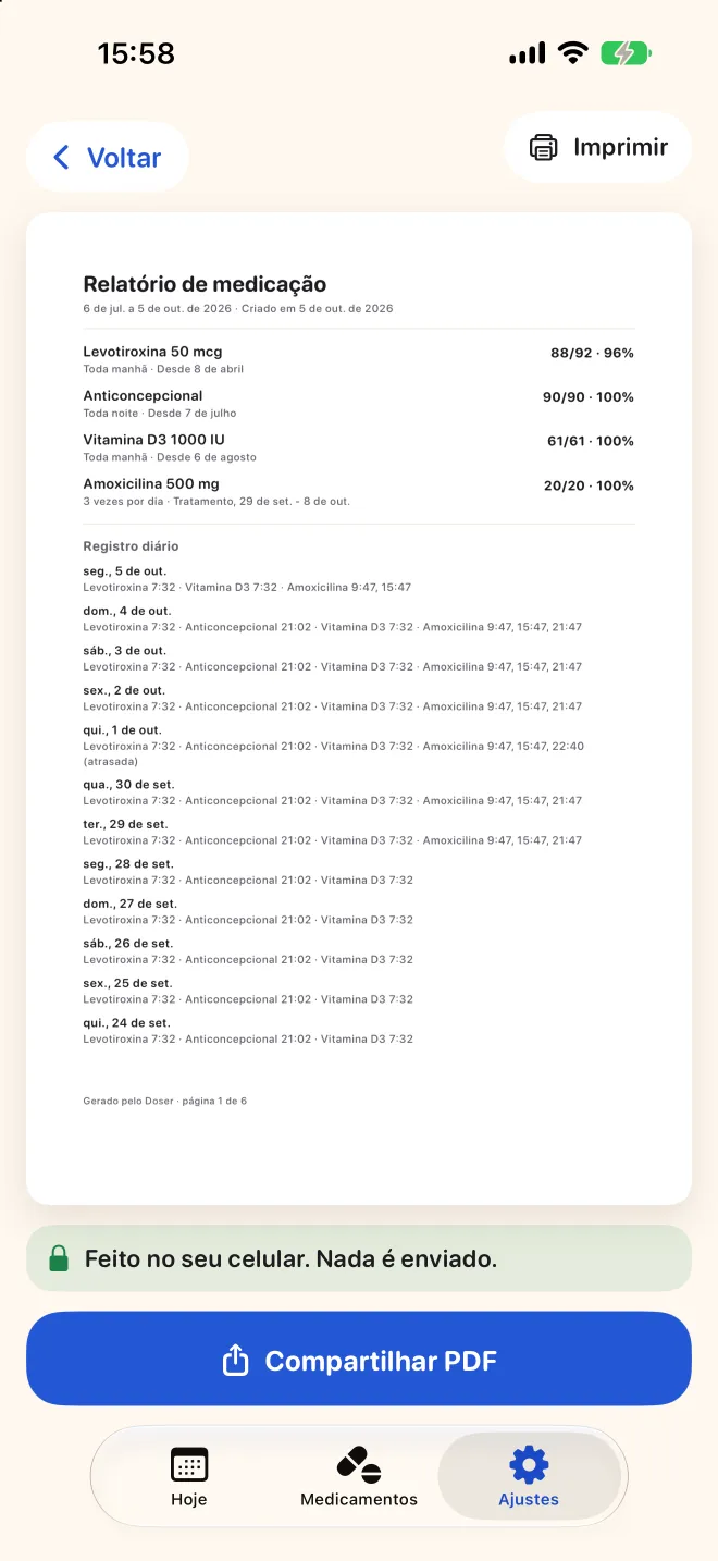 O relatório para o médico no Doser, um PDF com cada dose do período escolhido
