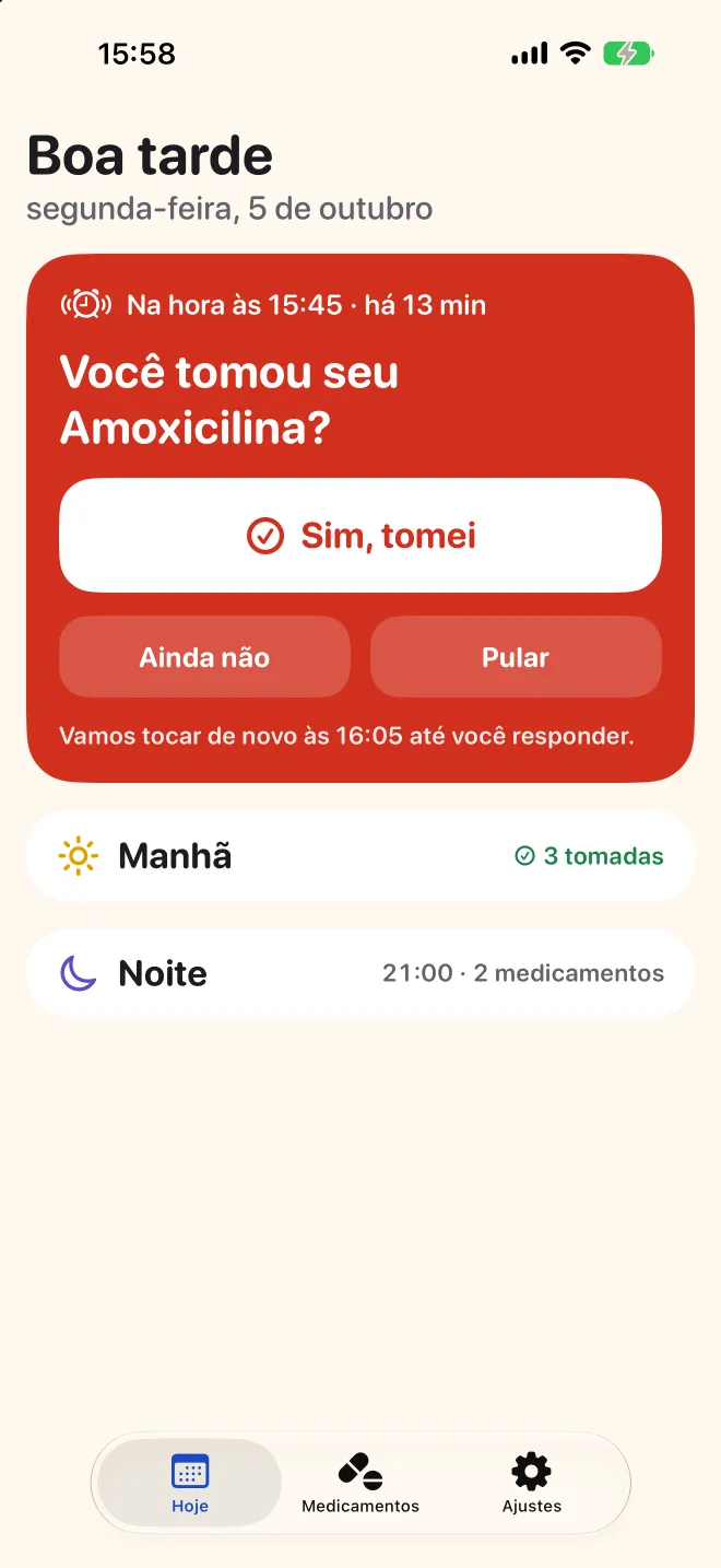 A tela Hoje do Doser perguntando se a dose da tarde foi tomada, com as da manhã já feitas