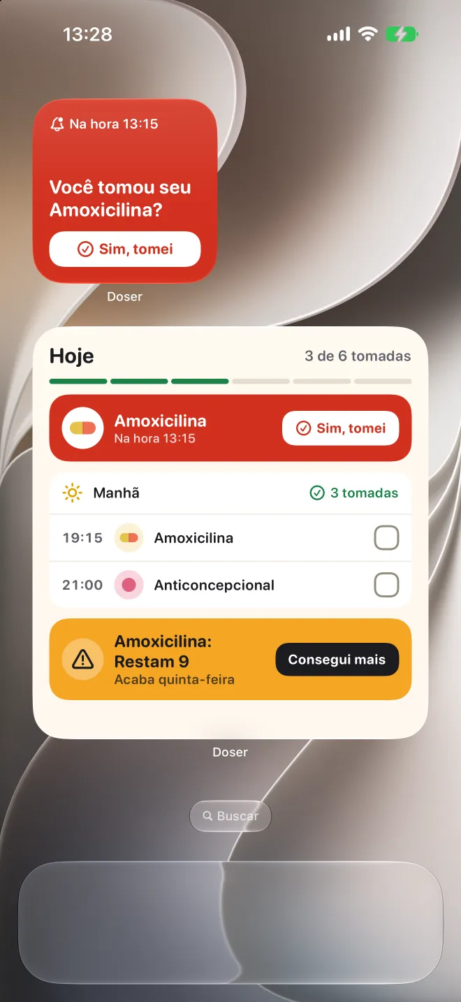 Widgets do Doser na Tela de Início do iPhone com uma dose atrasada e a lista de hoje