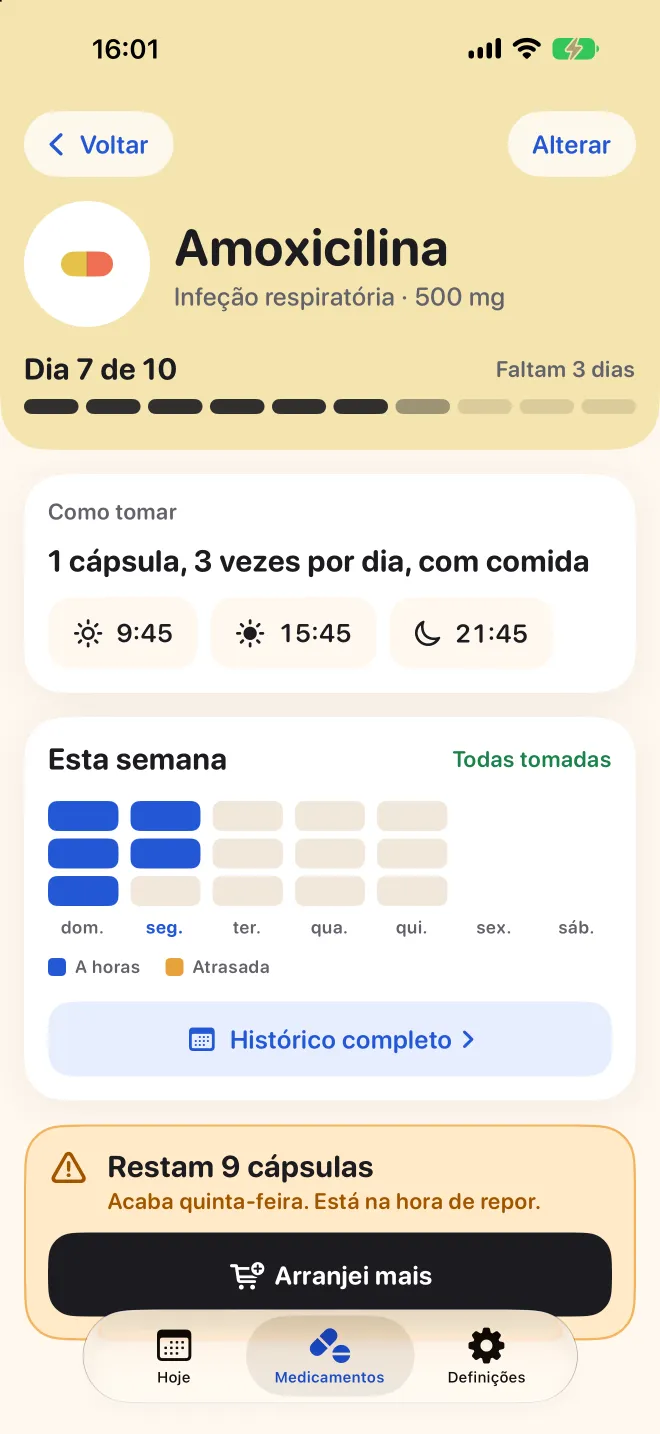 A página de um medicamento no Doser, com o dia 7 de 10 e as doses desta semana