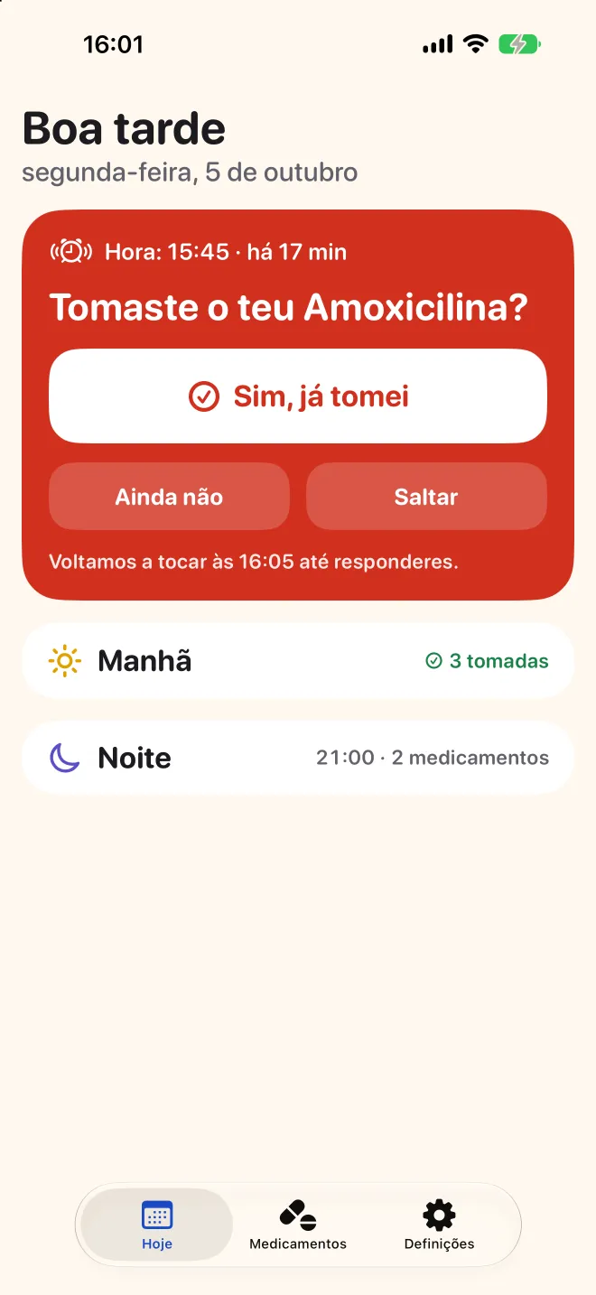 O ecrã Hoje do Doser a perguntar se a dose da tarde foi tomada, com as da manhã já feitas