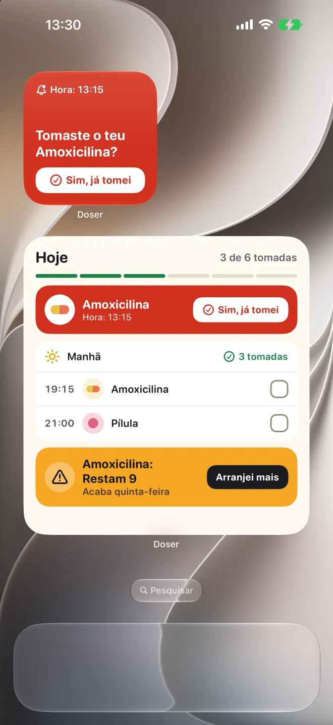 Widgets do Doser no ecrã principal do iPhone com uma dose atrasada e a lista de hoje