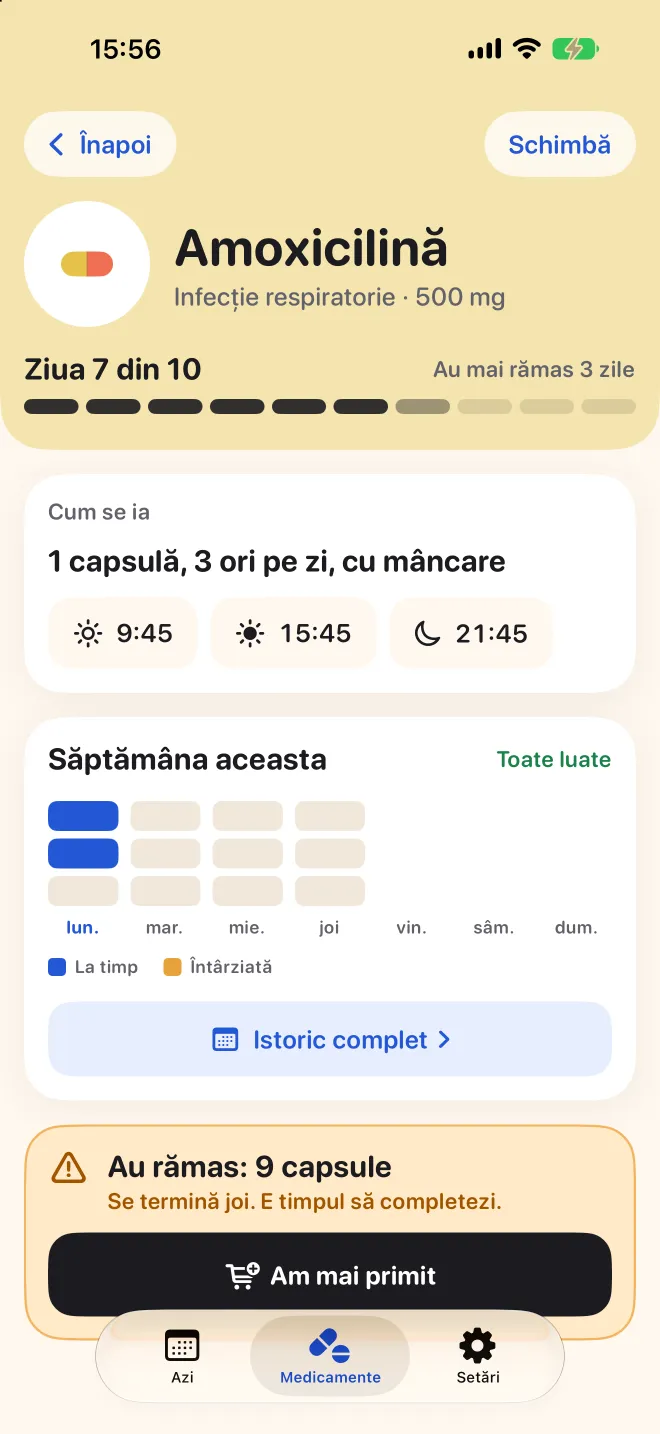 Pagina unui medicament în Doser, cu ziua 7 din 10 și dozele din această săptămână