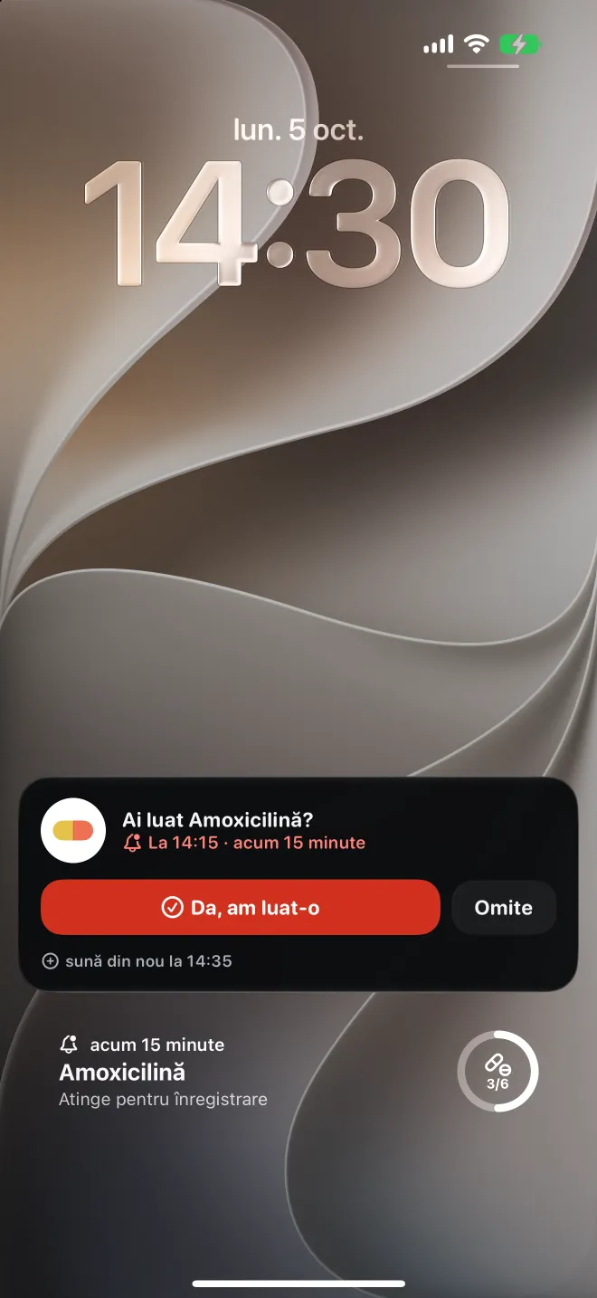 O doză întârziată pe ecranul de blocare al iPhone-ului, cu un buton pentru înregistrare