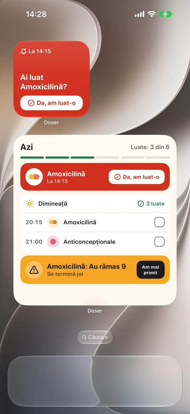 Widgeturi Doser pe ecranul principal al iPhone-ului, cu o doză întârziată și lista de azi