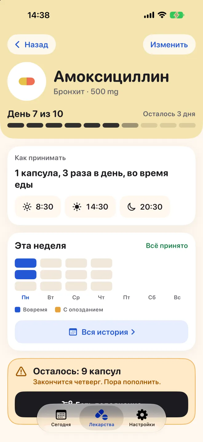 Страница лекарства в Doser: день 7 из 10 и приёмы за эту неделю