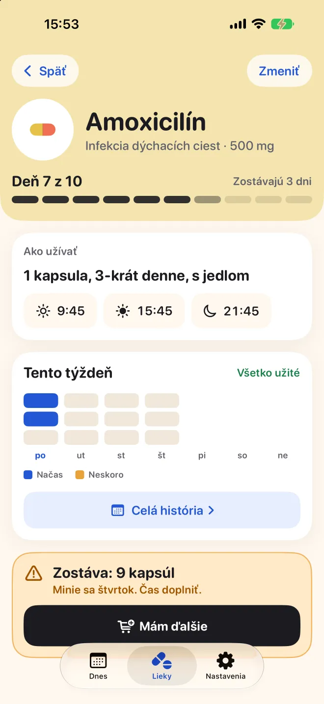 Stránka lieku v Doseri s dňom 7 z 10 a dávkami za tento týždeň