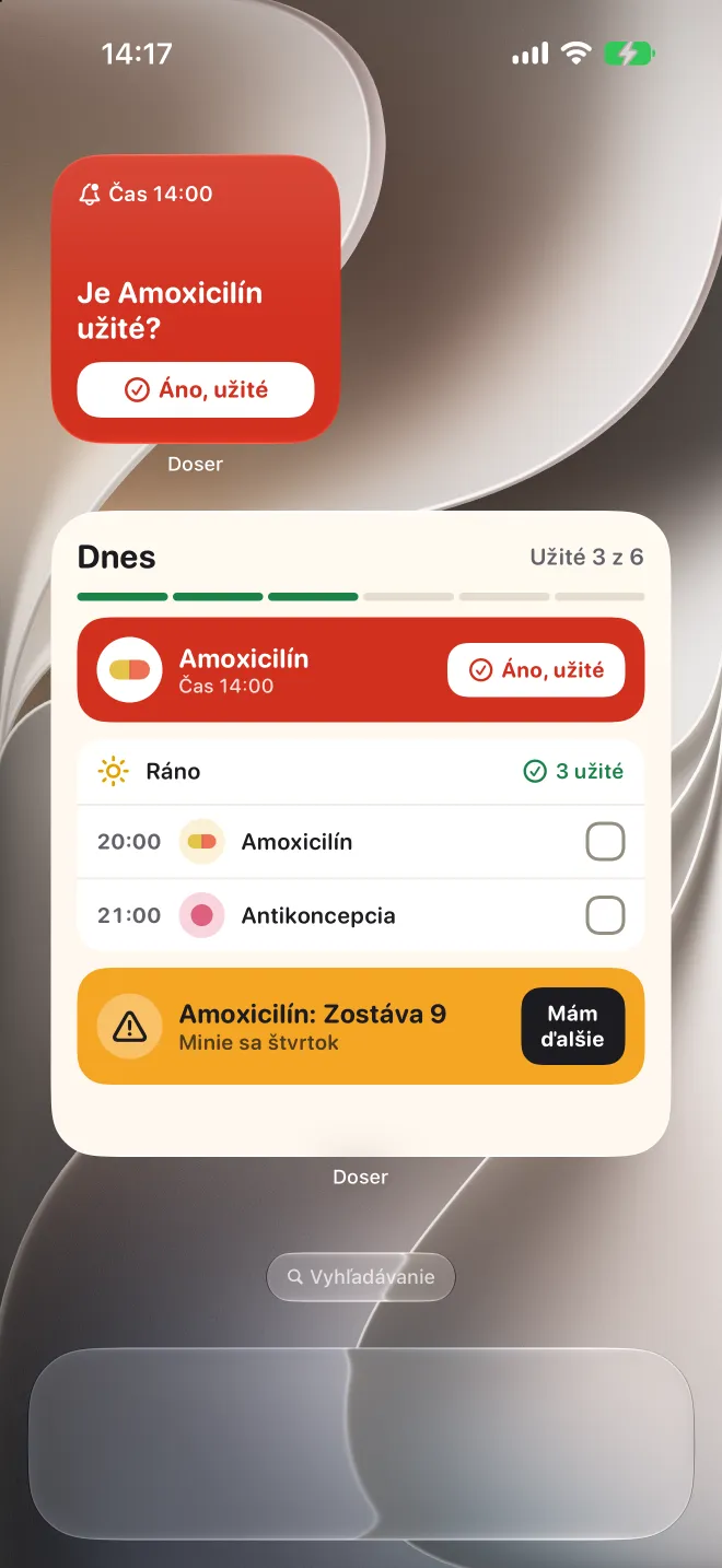 Widgety Doseru na ploche iPhonu s oneskorenou dávkou a dnešným zoznamom