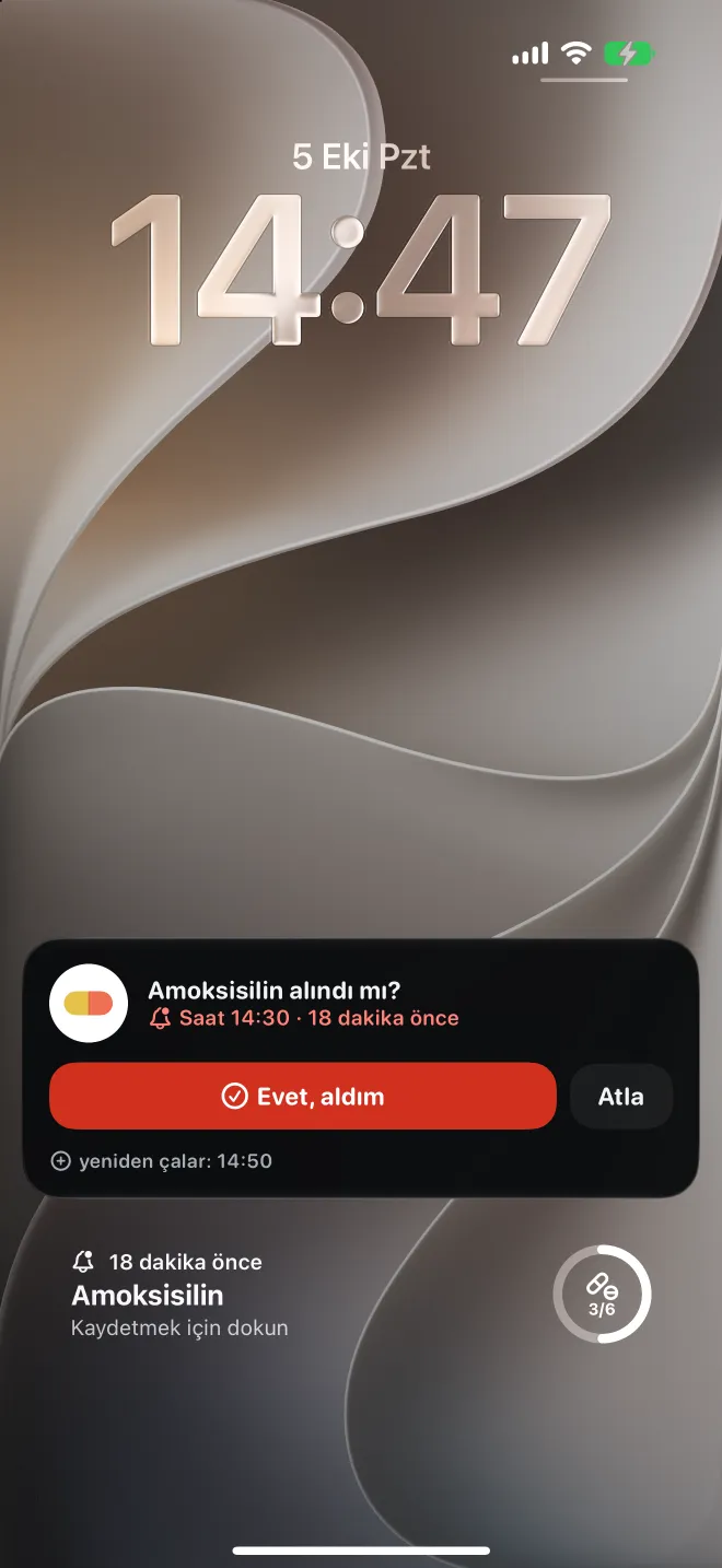 iPhone Kilitli Ekranı'nda geciken bir doz ve onu kaydetmek için bir düğme