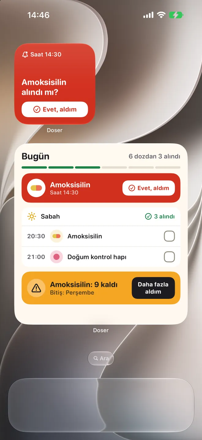 iPhone Ana Ekranı'nda geciken bir doz ve bugünün listesiyle Doser widget'ları