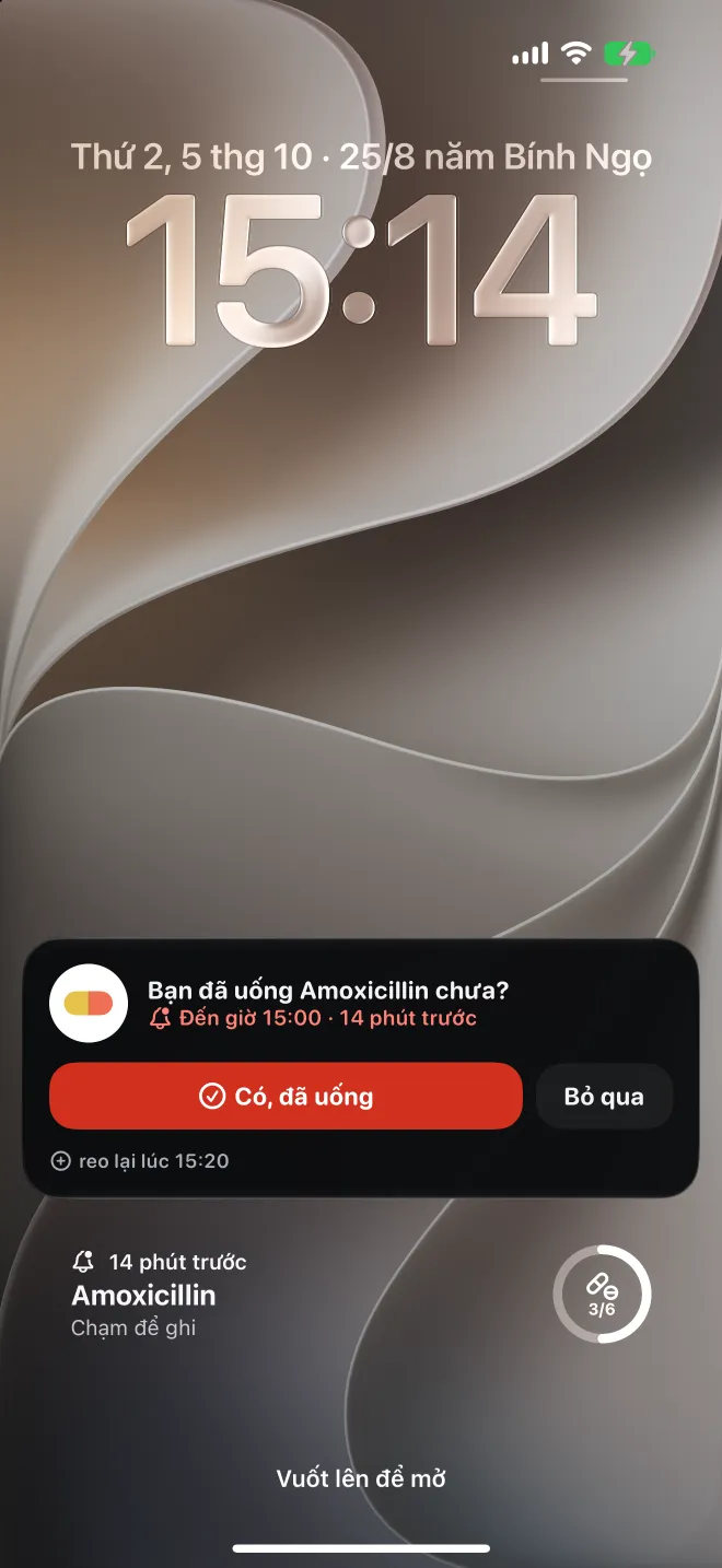 Một liều bị trễ trên Màn hình khóa iPhone, có nút để ghi nhận