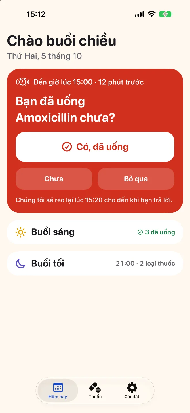 Màn hình Hôm nay của Doser hỏi liều buổi chiều đã uống chưa, các liều buổi sáng đã xong